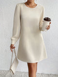 Button Back Solid Dress, Elegant Crew Neck Long Sleeve Dress, Women's Clothing