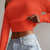 kkboxly  Ribbed Asymmetrical Neck Knit Crop Sweater, Sexy Cold Shoulder Long Sleeve Pullover Sweater, Women's Clothing