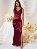 kkboxly  Solid V Neck Dress, Elegant Sleeveless Split Bodycon Dress For Party & Banquet, Women's Clothing