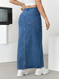 kkboxly  Split Thigh Whiskering Denim Midi Skirt, Slant Pockets Non-Stretch Casual Denim Skirt, Women's Denim Clothing