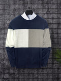kkboxly  All Match Knitted Color Block Sweater, Men's Casual Warm Slightly Stretch Crew Neck Pullover Sweater For Fall Winter Varsity College Preppy Style