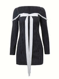 kkboxly  Striped Bow Tie Dress, Party Wear Squared Neck Long Sleeve Mini Dress, Women's Clothing