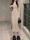 kkboxly  Button Front Skew Neck Split Dress, Casual Long Sleeve Knit A-line Dress For Spring & Fall, Women's Clothing