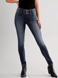 kkboxly  Blue Slim Fit Skinny Jeans, High Stretch Slant Pockets Double Button Whiskered Denim Pants, Women's Denim Jeans & Clothing
