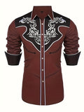 kkboxly 98% Cotton Elegant Western Cowboy Men's Casual Long Sleeve Embroidered Shirt, Men's Shirt For Spring Fall Vacation Resort, Tops For Men