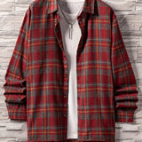 kkboxly  Men's Plaid Turndown Collar Long Sleeve Shirt, Trendy Comfy Loose Shirt For Spring Autumn