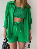 2025 kkboxly  Solid Pocket Matching Two-piece Set, Casual Long Sleeve Shirt & Drawstring Shorts Outfits, Women's Clothing