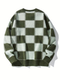 kkboxly  Men's Checkerboard Knitted Sweater - Warm and Stretchy Casual Pullover for Fall and Winter