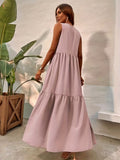 kkboxly  Drawstring Ruched Dress, Casual V Neck Sleeveless Maxi Dress, Women's Clothing