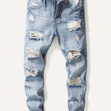 kkboxly  Slim Fit Ripped Cotton Jeans, Men's Casual Street Style Distressed Mid Stretch Denim Pants For Spring Summer