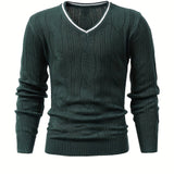 kkboxly  High Stretch Texture Knitted Sweater, Men's Semi-formal Warm V Neck Pullover Sweater For Fall Winter