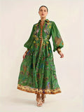 kkboxly  Peacock Print V Neck Dress, Elegant Lantern Sleeve Belted Dress, Women's Clothing