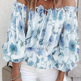 kkboxly  Off Shoulder Floral Print Blouse, Casual Ruffle Trim Blouse, Women's Clothing