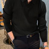 kkboxly  Chic Knit Polo Shirt, Men's Casual Stylish Lapel Middle Stretch V-Neck Pullover Sweater For Winter Autumn