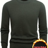 Men's Stylish Solid Fleece Knitted Pullover, Casual Breathable Long Sleeve Crew Neck Warm Sweater For Winter Outdoor