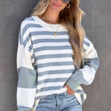 kkboxly  Striped Drop Shoulder Pullover, Crew Neck Long Sleeve Sweatshirt For Fall & Winter, Women's Clothing