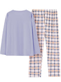 kkboxly  Plaid Print Crew Neck Pajamas Set, Casual Long Sleeve Pajama Top & Comfortable Long Pant, Women's Sleepwear & Loungewear