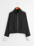 Contrast Trim Zipper Jacket, Casual Long Sleeve Outwear For Fall & Winter, Women's Clothing