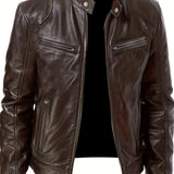 kkboxly  Zipper Pockets PU Jacket, Men's Casual Solid Color Zip Up Stand Collar Faux Leather Jacket For Spring Fall
