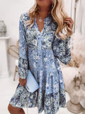 kkboxly  Floral Print Ruffle Hem Dress, Casual V Neck Long Sleeve Dress, Women's Clothing