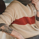 kkboxly  Turtle Neck Knitted Sweater, Men's Casual Loose Fit Warm Color Block High Stretch Pullover Sweater For Spring Fall