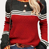 Color Block Boat Neck Knitted Top, Casual Long Sleeve Pullover Sweater For Fall & Winter, Women's Clothing