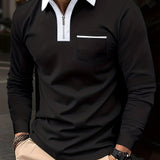 kkboxly Men's Casual Long Sleeves Zip Up Polo Shirts With Chest Pocket, Lapel Collar Tops Pullovers, Men's Clothing For Summer