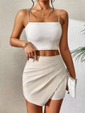 kkboxly  Solid Ruched Asymmetrical Hem Skorts, Casual Zip Back Skort For Spring & Summer, Women's Clothing