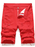 kkboxly  Ripped Design Denim Shorts, Men's Casual Street Style Mid Stretch Denim Shorts For Summer