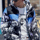 Men's Warm Winter Hooded Jacket, Casual Mountain Pattern Cotton Padded Coat For Outdoor Activities