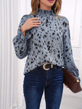 Leopard Print Shirred Trim Blouse, Casual Mock Neck Long Sleeve Blouse For Spring & Summer, Women's Clothing