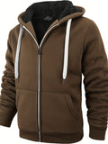kkboxly  Men's Warm Fleece Hooded Jacket, Casual Zip Up Hoodie With Kangaroo Pocket For Fall Winter