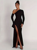 kkboxly  Split Thigh Solid Dress, Elegant Slanted Shoulder Long Sleeve Maxi Dress, Women's Clothing