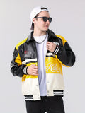 kkboxly  Men's Stylish Color Matching Embroidery Pattern Jacket With Pockets, Casual Breathable Button Up Baseball Collar Long Sleeve Jacket For Spring Fall