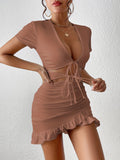 kkboxly  Solid Deep V Neck Tie Front Short Sleeve Dress, Sexy Bag Hip Ruffled Hem Dress, Women's Clothing
