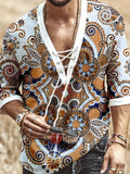 kkboxly  Men's Bohemian Pattern Shirt Top V Neck Lace Up Collar 3/4 Sleeves Closure Regular Fit Male Casual Shirt For Daily Beach Resorts