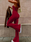 kkboxly  Tie Back Off Shoulder Jumpsuit, Party Wear Solid Flared Leg Jumpsuit, Women's Clothing