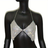 kkboxly  Sexy Sequins Crop Tops Bikini Rhinestones Halter Metal Chest Chain Backless Rave Club Wear Body Accessories Jewelry