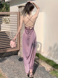 kkboxly  Elegant Backless Halter Neck Dress, Sleeveless Solid Color Maxi Length Dress, Women's Clothing