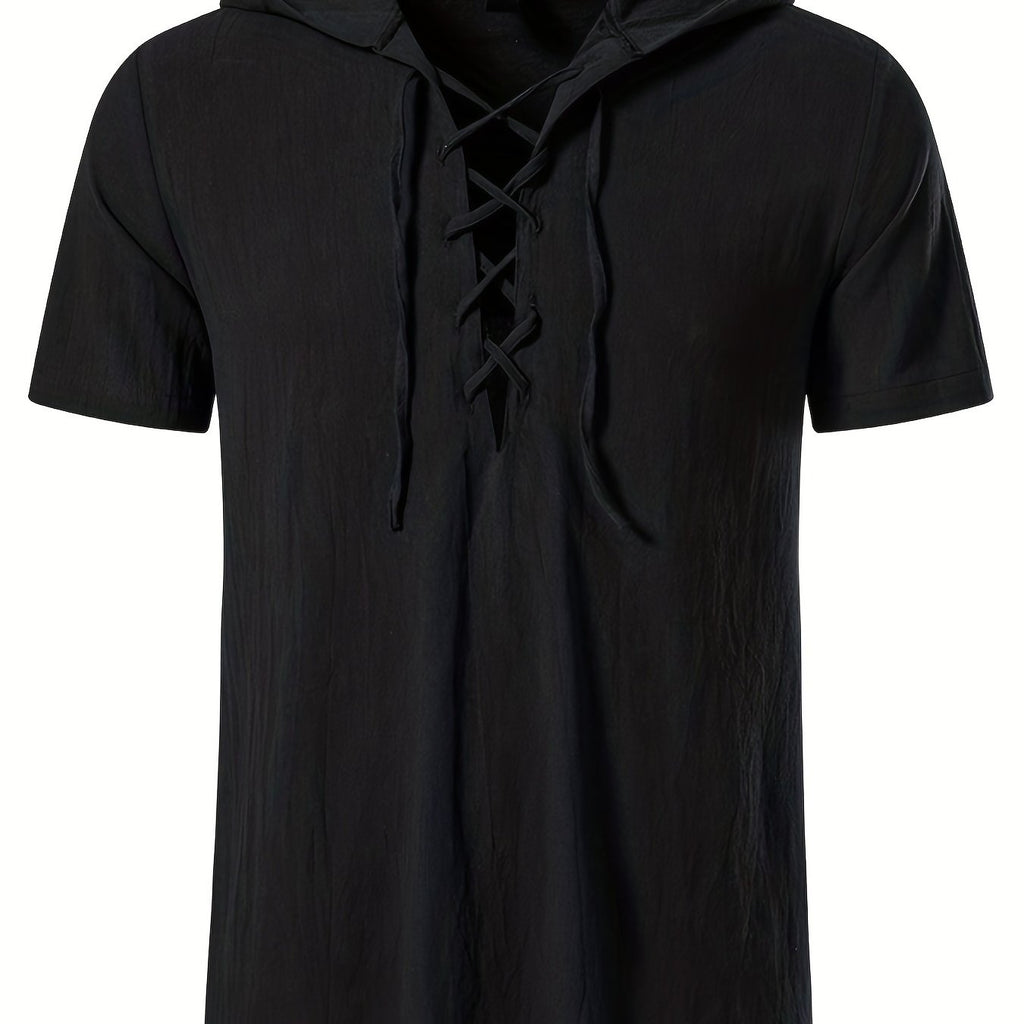 kkboxly  Trendy Men's Casual Lace Up Hooded Short Sleeve Cotton Shirt, Men's Shirt For Summer Vacation Resort