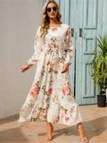 kkboxly  Floral Long Sleeve Maxi Dress, Long Sleeve Loose Crew Neck Dress, Casual Dresses For Spring & Summer, Women's Clothing