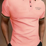 kkboxly  Stripe Pattern Collar & Letter WISDOM NUMBER Print Men's Casual Button Up Short Sleeve Polo Shirt, Men's Polo For Summer