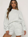 kkboxly  2 Pieces Solid Color Casual Sports Set, Crew Neck Long Sleeve Pullover Shirts & Drawstring Sweatpants, Women's Activewear