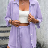 kkboxly Casual Matching Two-piece Set, Button Front Blouse & Drawstring Shorts Outfits, Women's Clothing