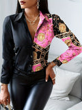 kkboxly   High Contrast Print Blouse, Long Sleeve Button Down Shirt, Casual Night Out Tops For Party & Club, Women's Clothing