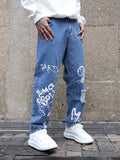 Y2K Men's Trendy Doodles Pattern Ripped Jeans Distressed Punk Men's Denim Pants Graffiti Pattern Loose Streetwear Hiphop Jeans