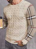 kkboxly  Crew Neck Knitted Sweater, Men's Casual Warm Color Block Plaid Sleeves Slightly Stretch Pullover Sweater For Fall Winter