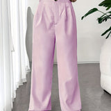 kkboxly  Solid Pleated Wide Leg Pants, Elegant High Waist Long Length Pants, Women's Clothing