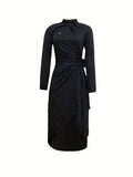 kkboxly  Knotted Bodycon Dress, Casual Mock Neck Long Sleeve Dress, Women's Clothing