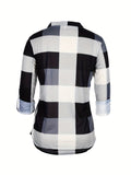 kkboxly  Plaid V Neck Blouse, Casual Long Sleeve Blouse For Spring & Fall, Women's Clothing